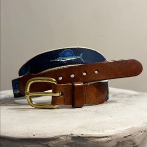 Men’s Size 38” Waist Handmade Marlin Embroidered Belt, Nautical Coastal Fishing